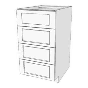 Base cabinet with 4 drawers: 1 short (7"h) top drawer and 3 medium (7 3/4"h) drawers: 12" to 24" wide, 34 3/4" high, 23 5/8" deep