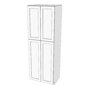 Tall cabinet with four doors: 22" to 36" wide, 84" high, 23 5/8" deep. Designed to install beside wall cabinets: Top door height matches door height of wall cabinets. Fixed shelf where doors meet. 6 adjustable shelves.