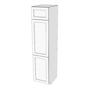 Tall cabinet with three doors: 6" to 24" wide, 84" high, 23 5/8" deep. Designed to install beside fridge: Top door height matches door height above fridge. Fixed shelves where doors meet. 5 adjustable shelves. *Double shaker door will be flat slab if 7" or less