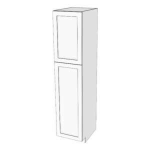 Tall cabinet with two doors: 6" to 24" wide, 84" high, 23 5/8" deep. Designed to install beside wall cabinets: Top door height matches door height of wall cabinets. Fixed shelf where doors meet. 6 adjustable shelves. *Double shaker door will be flat slab if 7" or less