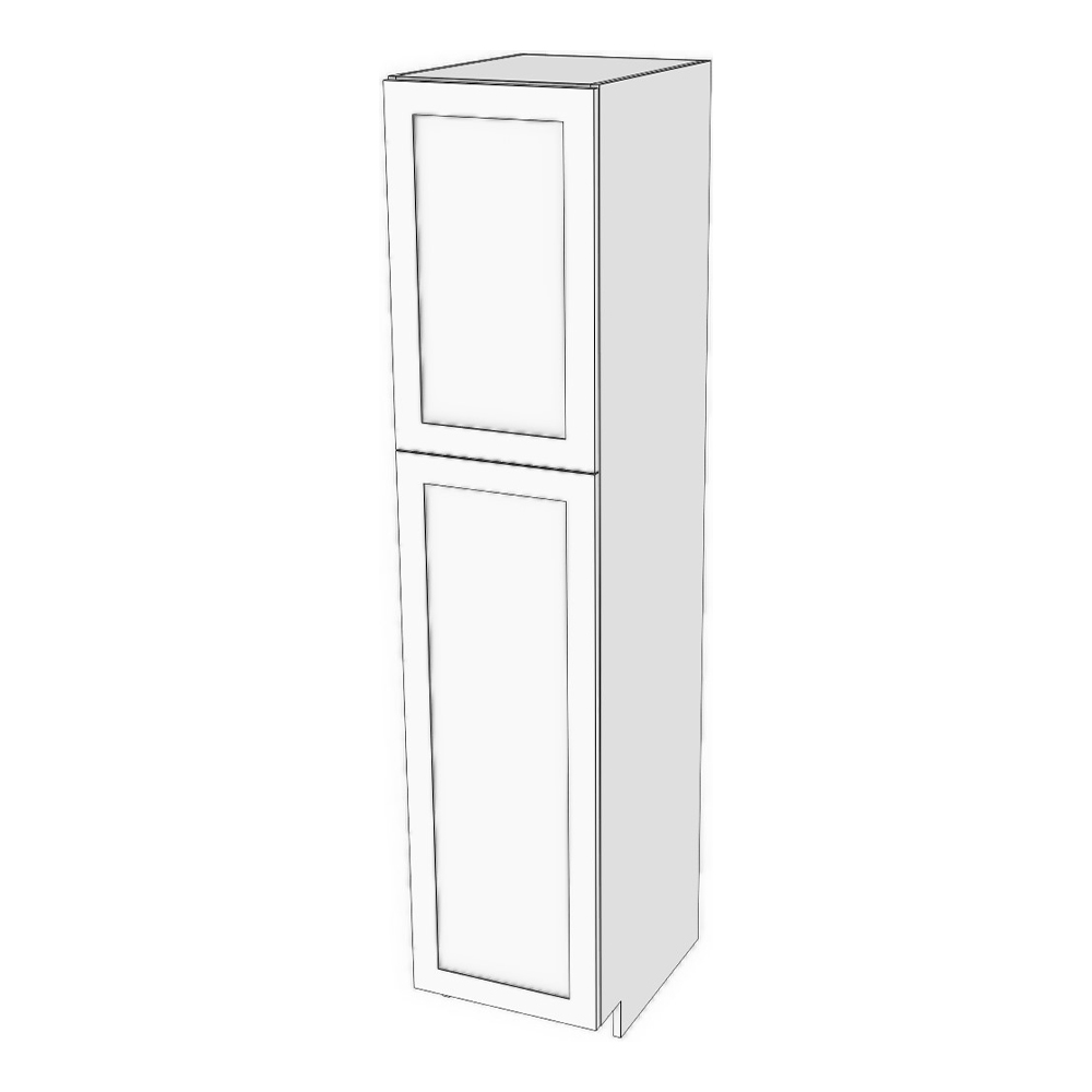 Tall cabinet with two doors: 6" to 24" wide, 84" high, 23 5/8" deep. Designed to install beside wall cabinets: Top door height matches door height of wall cabinets. Fixed shelf where doors meet. 6 adjustable shelves. *Double shaker door will be flat slab if 7" or less