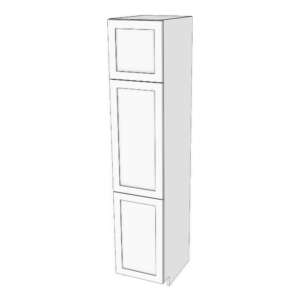 Tall cabinet with three door: 6" to 30" wide, 90" high, 23 5/8" deep. Designed to install beside fridge: Top door height matches door height above fridge. Fixed shelves where doors meet. 5 adjustable shelves.