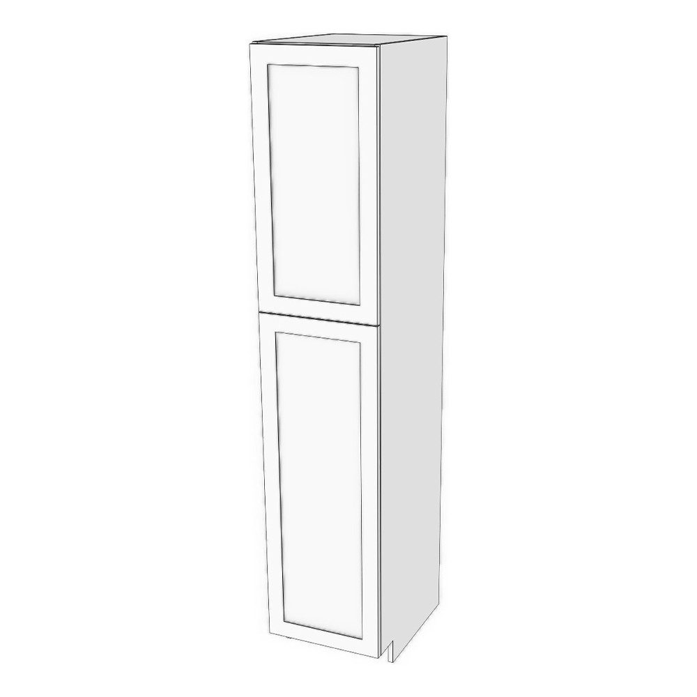 Tall cabinet with two doors: 6" to 24" wide, 90" high, 23 5/8" deep. Designed to install beside fridge: Top door height matches door height above fridge. Fixed shelf where doors meet. 6 adjustable shelves. *Double shaker door will be flat slab if 7" or less